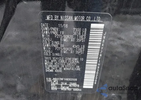 2017 Nissan Armada Platinum из США, поврежденный, VIN JN8AY2NF1H9302009